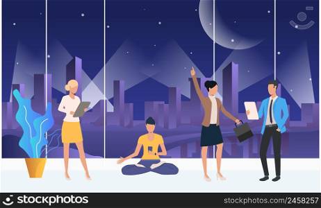 People talking, using gadgets and meditating in co-working space. Technology concept. Vector illustration can be used for topics like communication, network, modern office