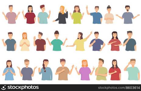 People talking with hand gesture icons set cartoon vector. People say. Deaf loss. People talking with hand gesture icons set cartoon vector. People say