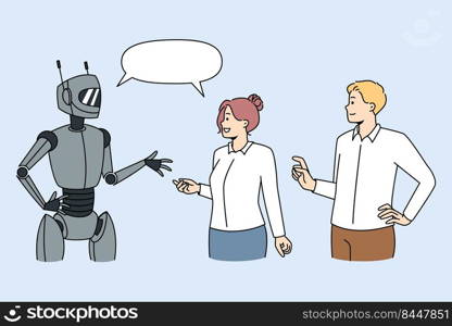 People talking with modern robot. Clients or users communicate with humanoid or chatbot get help support. Ai and technology concept. Vector illustration.. People talking with robot