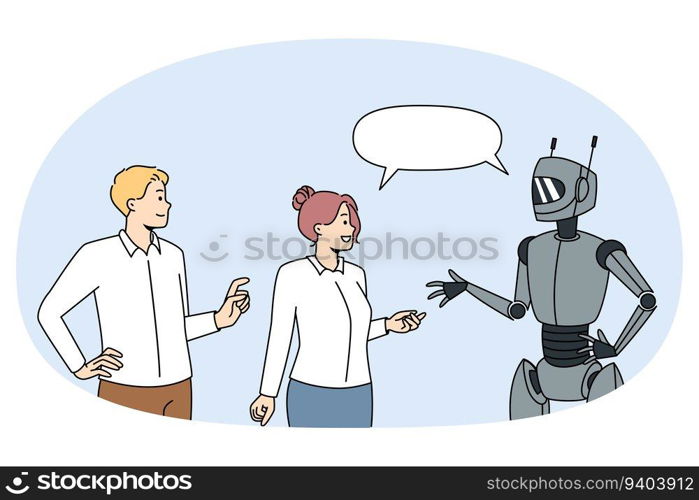 People talking with modern robot. Clients or users communicate with humanoid or chatbot get help support. Ai and technology concept. Vector illustration.. People talking with robot