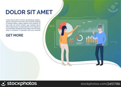 People tapping on futuristic screens with charts and sample text. Future, VR, cyberspace concept. Presentation slide template. Vector illustration for topics like business, technology, virtual reality. People tapping on futuristic screens with charts and sample text