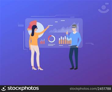 People tapping on futuristic virtual screens with diagrams. Future, finance, cyberspace concept. Vector illustration can be used for topics like business, technology, virtual reality. People tapping on futuristic virtual screens with diagrams