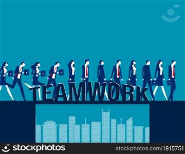 People team crossing over a teamwork bridge. Company teamworks