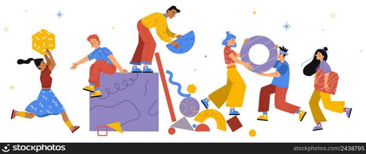 People team work together set up huge colorful geometric abstract shapes. Businesspeople teamwork, office employees collaboration, cooperation, partnership, Linear cartoon flat vector illustration. People team set up geometric huge abstract pieces