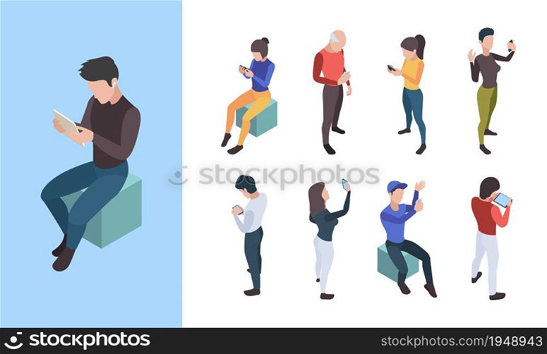 People telephone conversation. Online social dialogue young persons talking on mobile smartphone vector isometric characters. Conversation online telephone, phone communication illustration. People telephone conversation. Online social dialogue young persons talking on mobile smartphone vector isometric characters