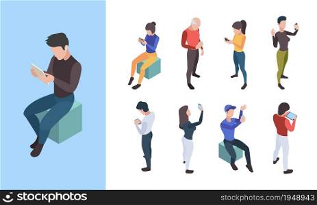 People telephone conversation. Online social dialogue young persons talking on mobile smartphone vector isometric characters. Conversation online telephone, phone communication illustration. People telephone conversation. Online social dialogue young persons talking on mobile smartphone vector isometric characters