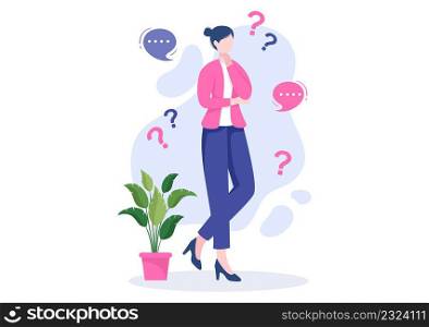 People Thinking to Make Decision, Problem Solving and Find Creative Ideas with Question Mark in Flat Cartoon Background for Poster Illustration