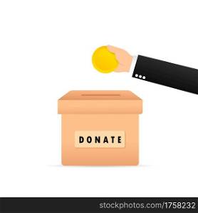 People throw gold coins into a box for donations. Coins in hand. Donation box. Sonate, giving money. Vector on isolated white background. EPS 10.. People throw gold coins into a box for donations. Coins in hand. Donation box. Sonate, giving money. Vector on isolated white background. EPS 10