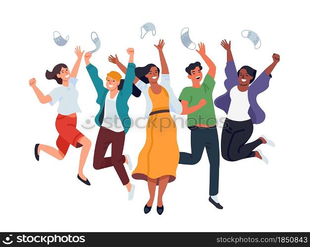 People throwing masks. Happy young multinational men and women toss medical masks in air, pandemic end, victory over virus. Vector concept. Mask off. Happy young multinational men and women toss medical masks in air, pandemic end, victory over virus. Vector concept