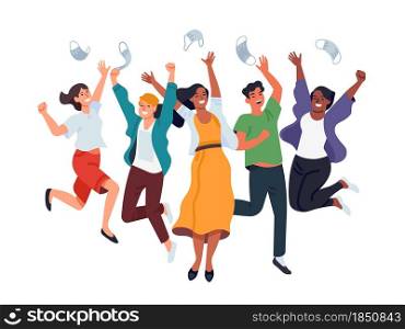 People throwing masks. Happy young multinational men and women toss medical masks in air, pandemic end, victory over virus. Vector concept. Mask off. Happy young multinational men and women toss medical masks in air, pandemic end, victory over virus. Vector concept