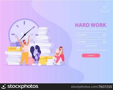 People tired from hard work with piles of papers flat background with login form vector illustration