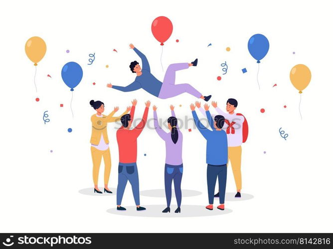 People tossing person. Cartoon characters celebrate birthday and company success, professional colleagues rejoice business achievements. Vector illustration. Crowd greeting man, falling confetti. People tossing person. Cartoon characters celebrate birthday and company success, professional colleagues rejoice business achievements. Vector illustration