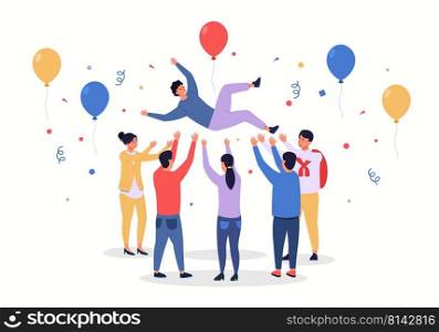 People tossing person. Cartoon characters celebrate birthday and company success, professional colleagues rejoice business achievements. Vector illustration. Crowd greeting man, falling confetti. People tossing person. Cartoon characters celebrate birthday and company success, professional colleagues rejoice business achievements. Vector illustration