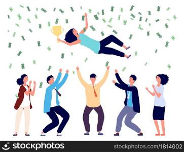 People tossing woman in air. Business team celebrating victory, final successful project or investments. Money rain, happy man woman winners vector illustration. Throw up woman, celebration and award. People tossing woman in air. Business team celebrating victory, final successful project or great investments. Money rain, happy man woman managers winners vector illustration