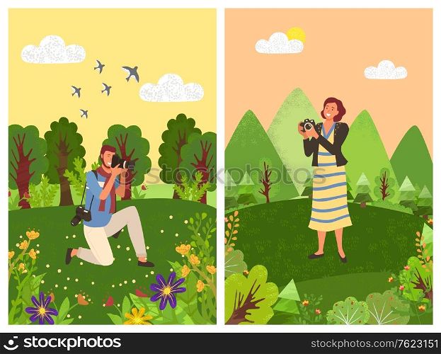 People tourist or paparazzi making professional shoots on photo camera in forest with trees and flowers. Vector man shooting birds in sky on photocamera. People Tourist Paparazzi Making Professional Shoots