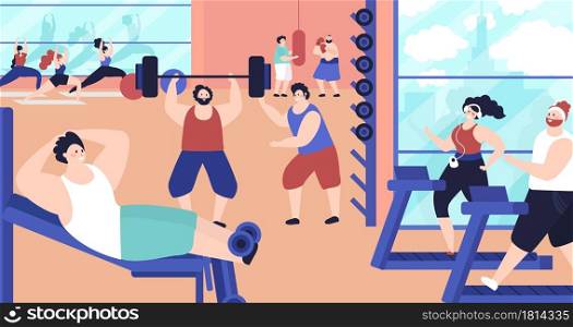 People training in gym. Strong active exercise, training fitness center. Aerobics group, flat healthy person jogging decent vector concept. Illustration training club, equipment to do fitness. People training in gym. Strong active exercise, training fitness center. Aerobics group, flat healthy person jogging decent vector concept