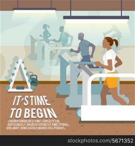 People training on treadmills in gymnasium fitness lifestyle time to begin poster vector illustration