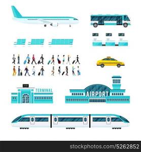 People Transport And Airport Icons Set. Set of icons with airport people with luggage transport including train plane bus taxi isolated vector illustration