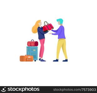 People travel on vacation. Tourists with laggage travelling couple and friends, go on journey. Travelers in various activity with luggage and equipment. Vector illustration. Different people travel on vacation. Tourists with laggage travelling with family, friends and alone, go on journey. Travelers in various activity with luggage and equipment. Vector