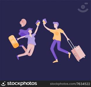People travel on vacation. Tourists with laggage travelling couple and friends, go on journey. Travelers in various activity with luggage and equipment. Vector illustration. Different people travel on vacation. Tourists with laggage travelling with family, friends and alone, go on journey. Travelers in various activity with luggage and equipment. Vector