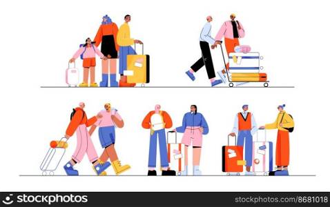 People travel with suitcases and backpacks. Couples, friends and family with kid standing with luggage. Diverse characters go in journey, vector cartoon illustration. People travel with suitcases and backpacks