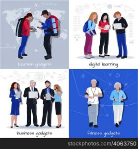 People traveling learning exercising and communicating with business colleagues with gadgets 4 flat icons isolated vector illustration . Gadgets Use 4 Flat Icons Square