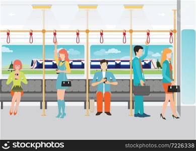 People traveling on the subway, inside a subway train, transportation vector illustration.
