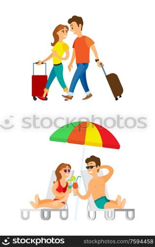 People traveling together vector, man and woman with baggage walking. Couple enjoying sunshine on beach, umbrella and cocktails drink poured in glass. Tourists Arrived, Man and Woman with Luggages