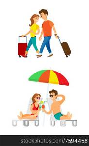 People traveling together vector, man and woman with baggage walking. Couple enjoying sunshine on beach, umbrella and cocktails drink poured in glass. Tourists Arrived, Man and Woman with Luggages