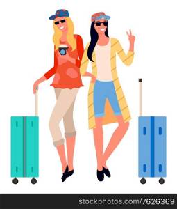 People traveling vector, isolated woman with friend posing for photo. Flat style character with luggages in airport, travelers, touristic destination. Flat cartoon. Traveling Friends, Woman Posing for Photo Traveler