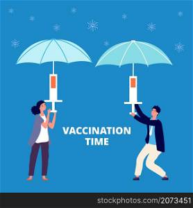 People treatment. Vaccination, virus prevention with new vaccine. Man woman holding syringe, injection for flu protection vector concept. Prevention vaccination, immunization virus illustration. People treatment. Vaccination, virus prevention with new vaccine. Man woman holding syringe, injection for flu protection vector concept