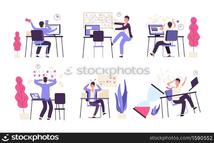 People unorganized. Men fail scheduled task efficiency productivity time management vector concept. Illustration of failure productivity, office businessman fail. People unorganized. Men fail scheduled task efficiency productivity time management vector concept