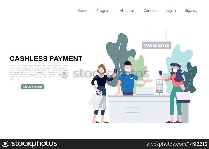 People use contactless payment for buying at store. Reopening protection prevention strategy. Social distancing, new normal concept after covid-19 coronavirus outbreak. Vector landing page