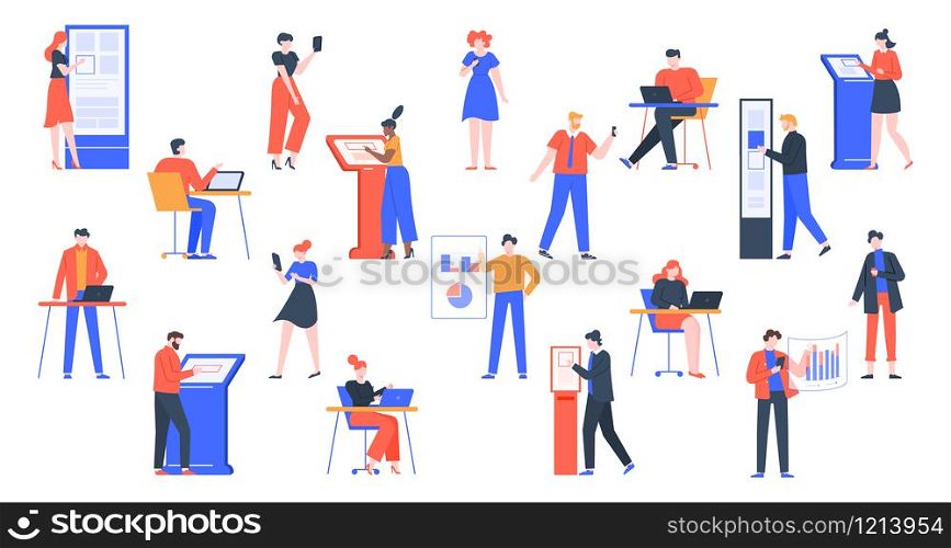 People use devices. Characters with digital gadgets, using laptop, tablet, smartphones and modern interface equipment isolated vector illustration set. Guys with virtual info interfaces. People use devices. Characters with digital gadgets, using laptop, tablet, smartphones and modern interface equipment isolated vector illustration set