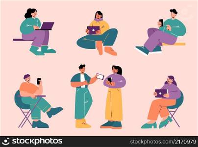 People use gadgets, young men and women with smartphones, laptops and tablets chatting, working and typing. Happy male and female characters mobile communication, Line art flat vector illustration. People use gadgets young men and women with phones