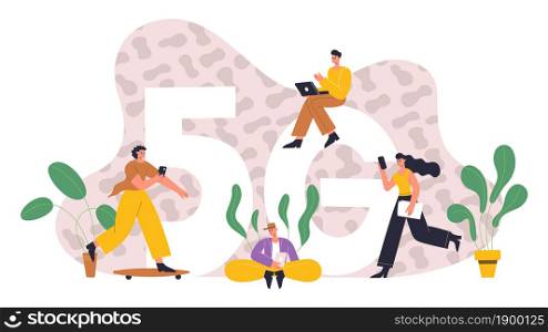 People use mobile internet, wireless 5G internet connection. Wireless high speed internet, characters using network technology vector illustration. High speed internet network 5g, mobile technology. People use mobile internet, wireless 5G internet connection. Wireless high speed internet, characters using network technology vector flat illustration. High speed internet