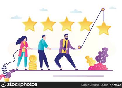 People use rope and raise star. Review banner concept, testimonials. Teamwork, people vote or rate. Clients feedback. Business quality, five stars rating. Trendy flat vector illustration. People use rope and raise star. Review banner concept, testimonials. Teamwork, people vote or rate. Clients feedback. Business quality