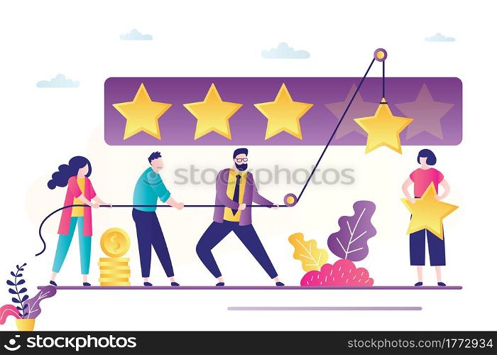 People use rope and raise stars. Review banner concept, testimonials. Teamwork, people vote or rate. Clients feedback. Business quality, five stars rating. Trendy flat vector illustration. People use rope and raise stars. Review banner concept, testimonials. Teamwork, people vote or rate. Clients feedback. Business quality