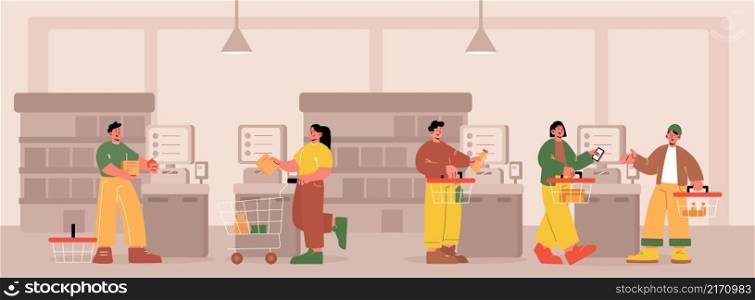 People use self service payment in supermarket. Automatic grocery shopping system with smart cashier robotic assistance. Modern checkout technology in store market, Line art flat vector illustration. People use self service payment in supermarket