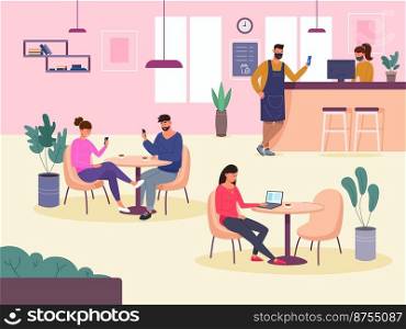 People use smartphone in restaurant. Customers with telephone or laptop sitting on chair city cafe interior, waiter in mask, coffee at table, vector. Illustration sitting and meeting with smartphone. People use smartphone in restaurant. Customers with telephone or laptop sitting on chair inside city cafe interior, waiter at bar in mask, coffee at table, garish vector