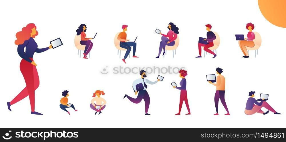People use Tablets and Laptops Cartoon Vector. Woman Casual Wear Carries Tablet. Men, Women and Children Regularly use Portable Digital Devices. Vector Illustration on White Background.