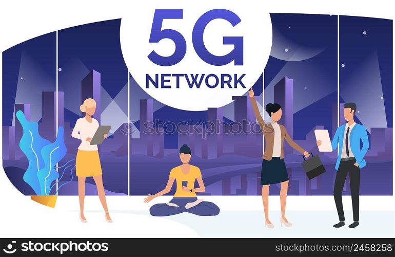 People using 5G network in co-working space. Holding tablets, cellphone, doing yoga. Technology concept. Vector illustration can be used for banners, poster design, presentation slide templates