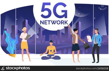 People using 5G network in co-working space. Holding tablets, cellphone, doing yoga. Technology concept. Vector illustration can be used for banners, poster design, presentation slide templates