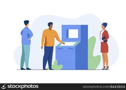 People using ATM. Bank customers waiting in queue, social distance flat vector illustration. Banking, transaction, cash withdrawal concept for banner, website design or landing web page