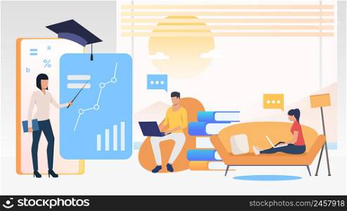 People using computers and studying at online school at home. Service, literature, study concept. Vector illustration can be used for topics like knowledge, education, online school. People using computers and studying at online school at home