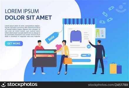 People using credit cards and buying clothes online, sample text. Application, offer, fashion, advertisement concept, presentation slide template. Can be used for topics like sale, shopping, marketing. People using credit cards and buying clothes online, sample text