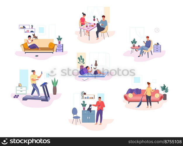 People using devices at home. Woman with cell phone or laptop indoor room in couch, couple having breakfast scrolling news on smartphones digital addiction vector. Illustration of internet at home. People using devices at home. Woman with cell phone or laptop indoor room in couch, couple having breakfast scrolling news on smartphones digital addiction garish vector