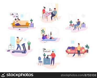 People using devices at home. Woman with cell phone or laptop indoor room in couch, couple having breakfast scrolling news on smartphones digital addiction vector. Illustration of internet at home. People using devices at home. Woman with cell phone or laptop indoor room in couch, couple having breakfast scrolling news on smartphones digital addiction garish vector
