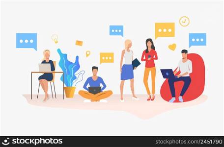 People using digital devices in modern office. Workplace, worker, technology concept. Vector illustration can be used for topics like business, communication, coworking space. People using digital devices in modern office
