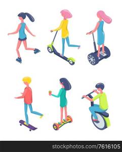 People using eco transport vector, man and woman of young age standing on hoverboard and innovative electric scooters with stand to hold flat style. Teenagers Boys and Girls on Eco Transport Vector